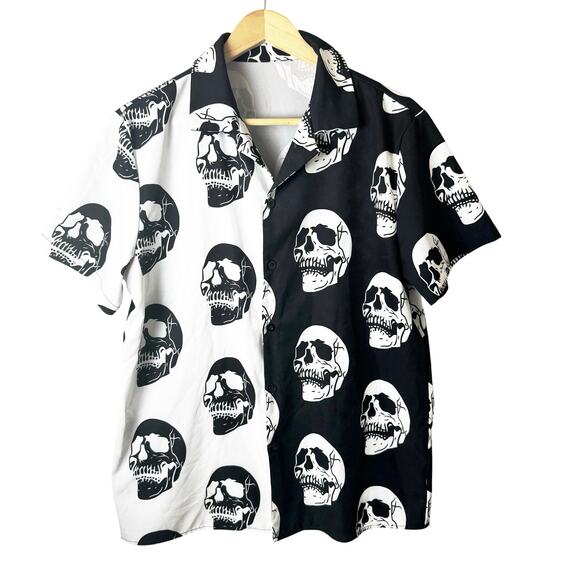 Shein Skull Button Down Shirt Mens Small Punk Gothic Halloween Skater Band Black - Picture 1 of 6